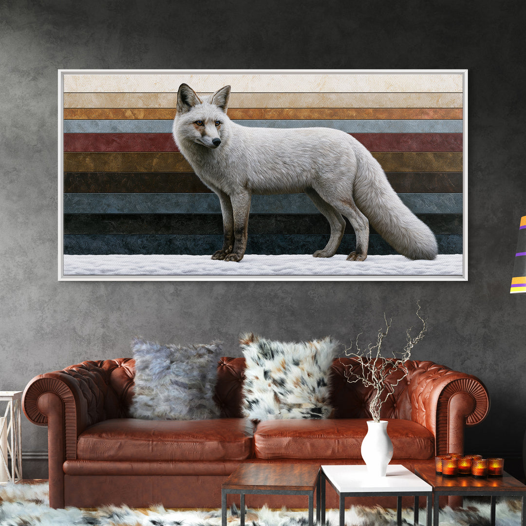 White Fox in Quiet Snow Framed Canvas Print, Scandinavian Art, Printable Wall Art, Living Room Decor, Fine Art, Nordic, SCA-2x1-56