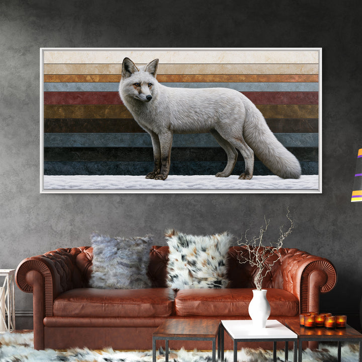 White Fox in Quiet Snow Framed Canvas Print, Scandinavian Art, Printable Wall Art, Living Room Decor, Fine Art, Nordic, SCA-2x1-56