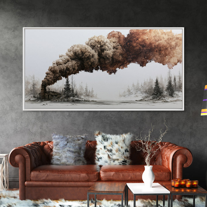 Winter Cabin Smoke Canvas Print, Scandinavian Art, Art Print, Living Room Decor, Oil Painting, Nordic, Farmhouse Decor, SCA-2x1-62