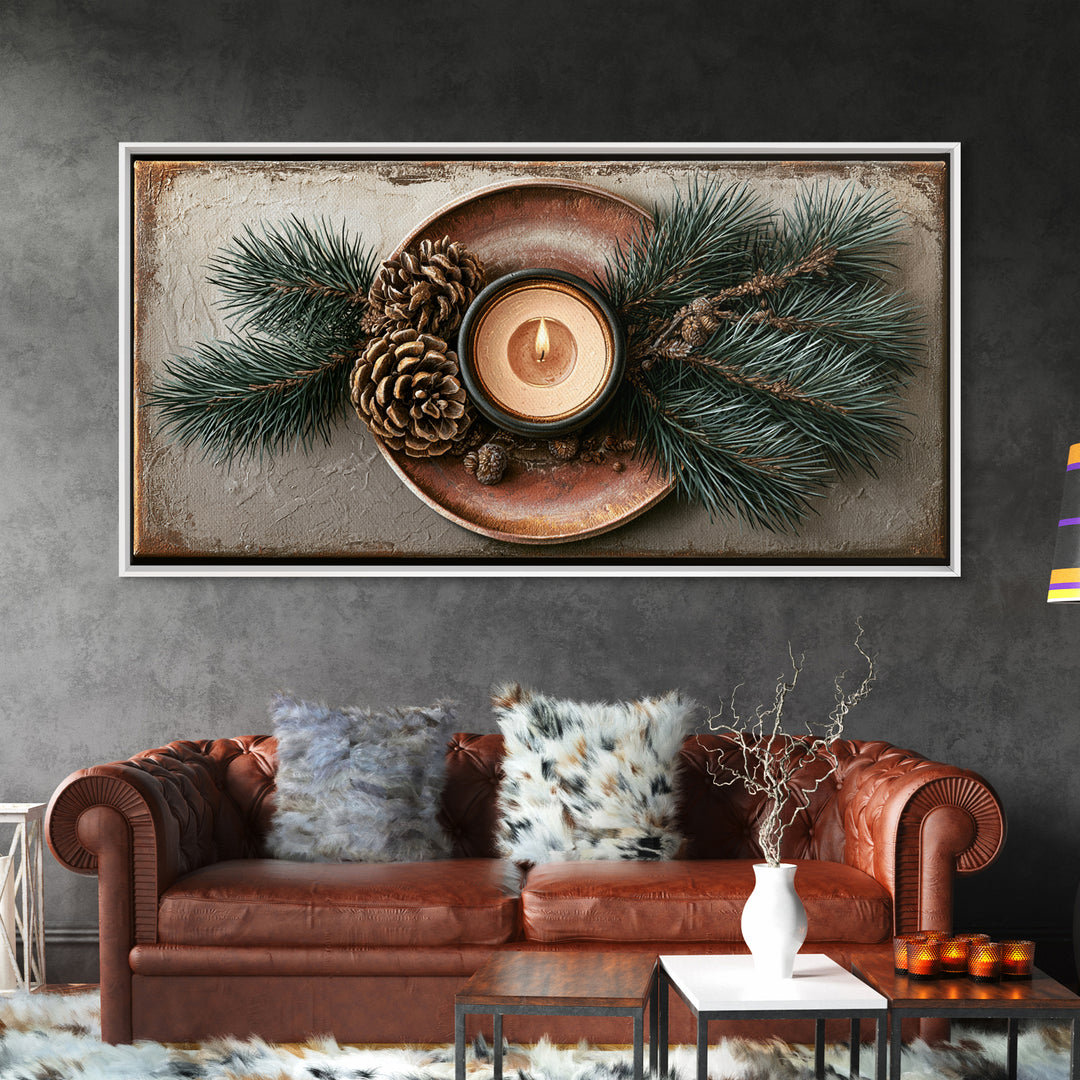 Hygge Candle and Pine Branch Still Life Framed Canvas Print, Scandinavian Art, Oil Painting, Living Room Decor, Watercolor Art, SCA-2x1-72