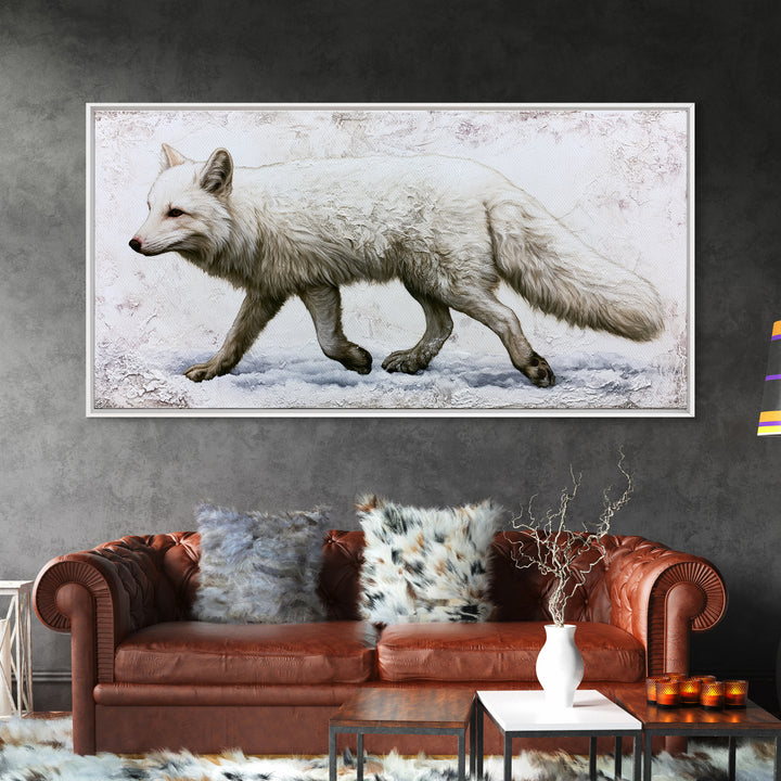 White Fox in Quiet Snow Framed Canvas Print, Scandinavian Art, Living Room Decor, Nordic, Gallery Decor, Neutral Decor, SCA-2x1-80