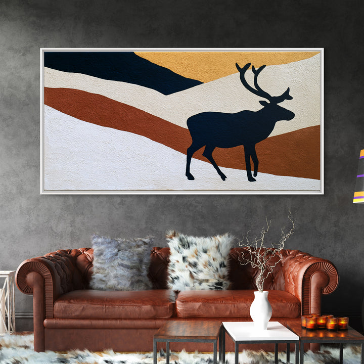Reindeer Silhouette in Snowy Landscape Canvas Print, Scandinavian Art, Wall Hanging, Living Room Decor, Fine Art, Nordic, SCA-2x1-98