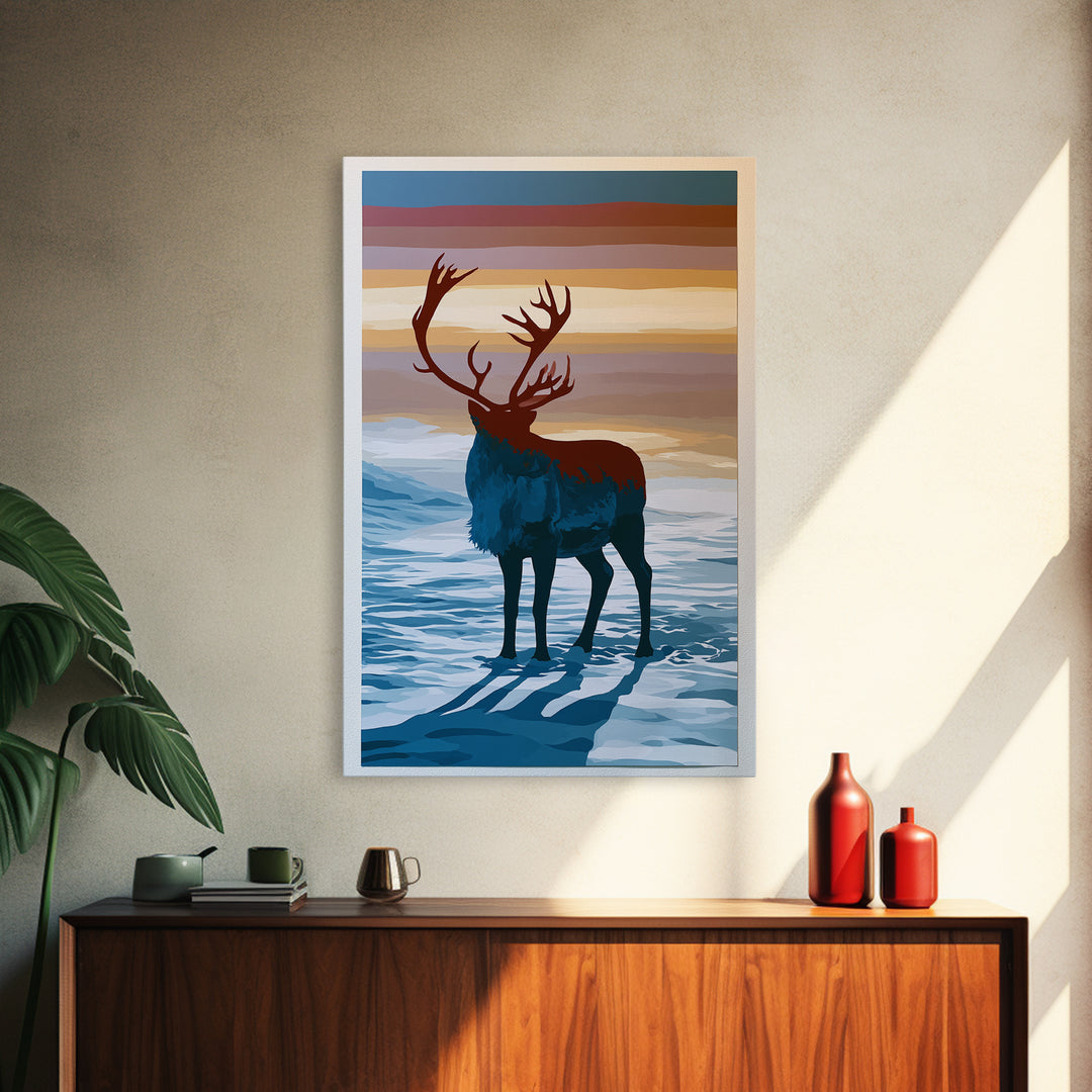 Reindeer Silhouette in Snowy Landscape Canvas Print, Scandinavian Art, Printable, Living Room Decor, Fine Art, Nordic, SCA-2x3-14