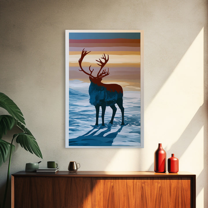 Reindeer Silhouette in Snowy Landscape Canvas Print, Scandinavian Art, Printable, Living Room Decor, Fine Art, Nordic, SCA-2x3-14