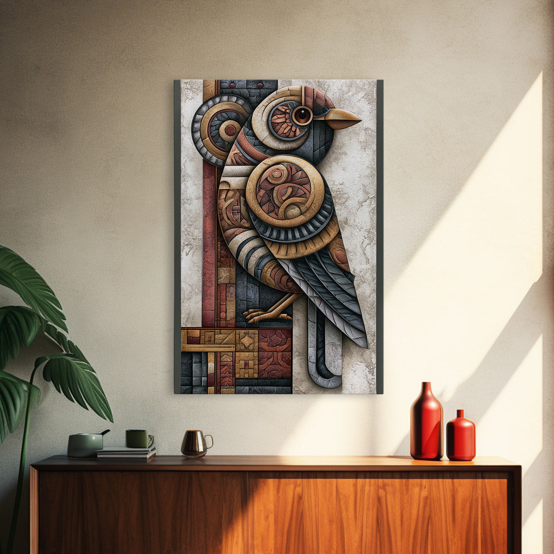 Nordic Folk Bird Framed Canvas Print, Scandinavian Art, Oil Painting, Living Room Decor, Fine Art, Nordic, Boho Wall Decor, SCA-2x3-19