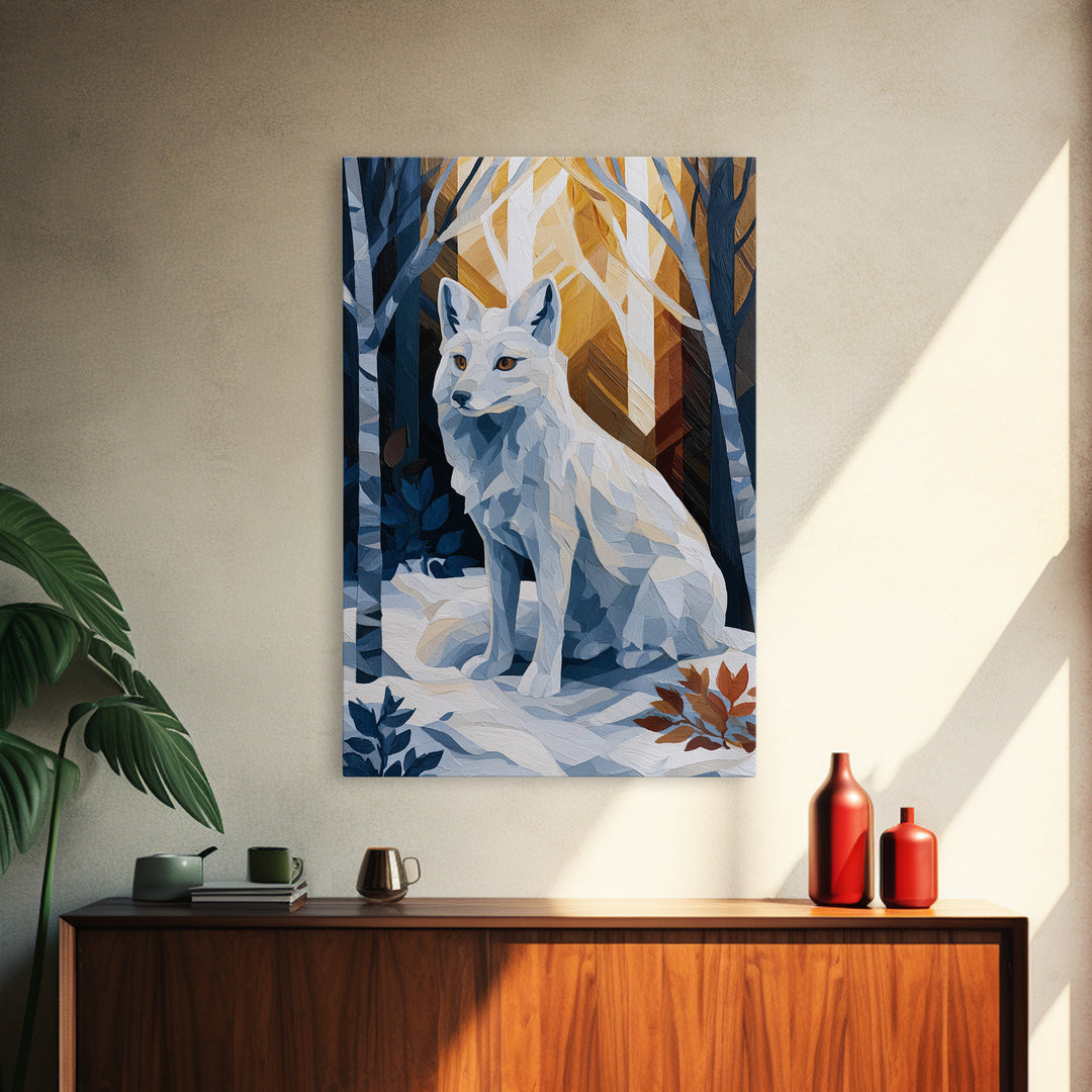 White Fox in Quiet Snow Framed Canvas Print, Scandinavian Art, Boho Wall Decor, Living Room Decor, Oil Painting, Nordic, SCA-2x3-20