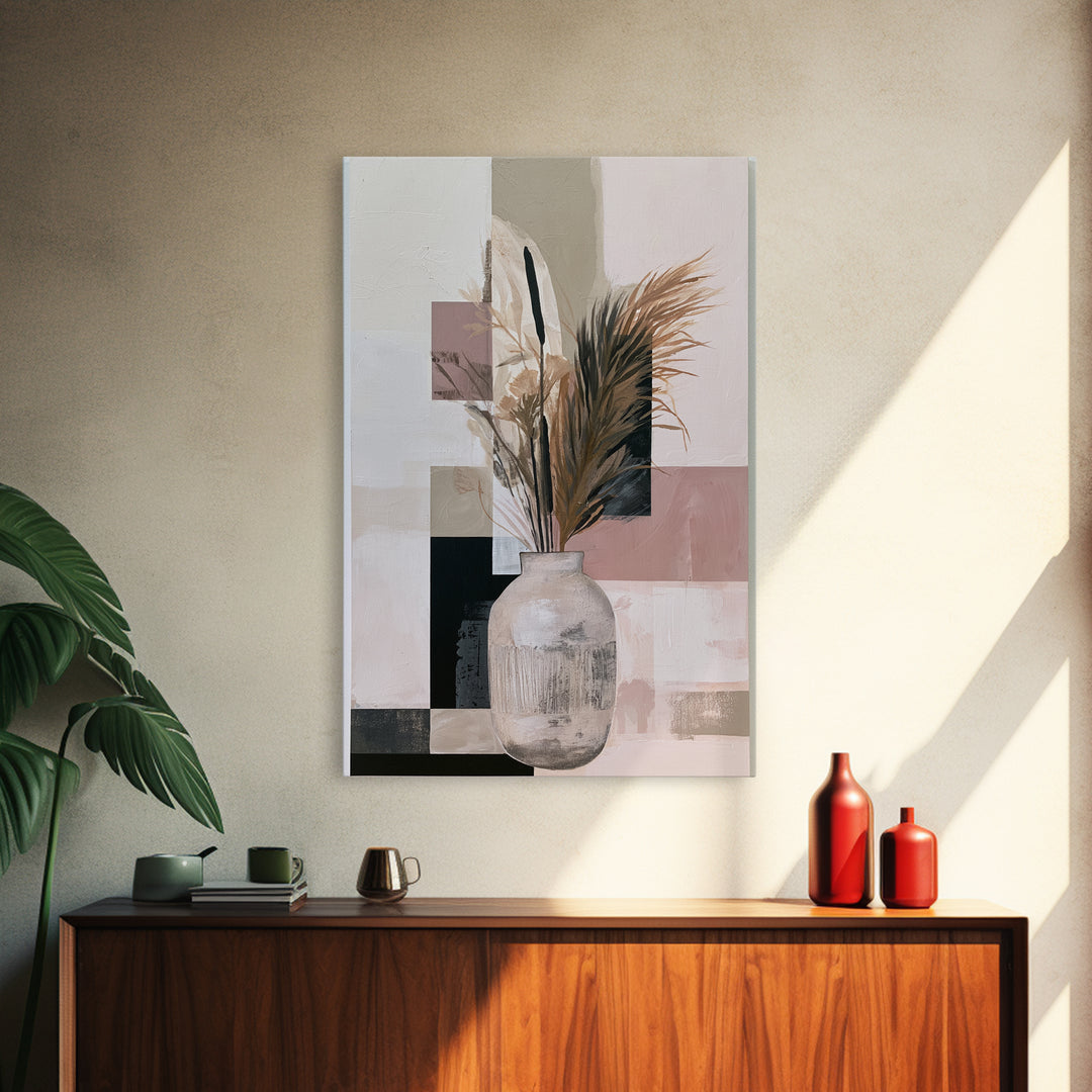 Ceramic Vase with Dried Grasses Framed Canvas Print, Scandinavian Art, Abstract Art, Living Room Decor, Oil Painting, Nordic, SCA-2x3-21
