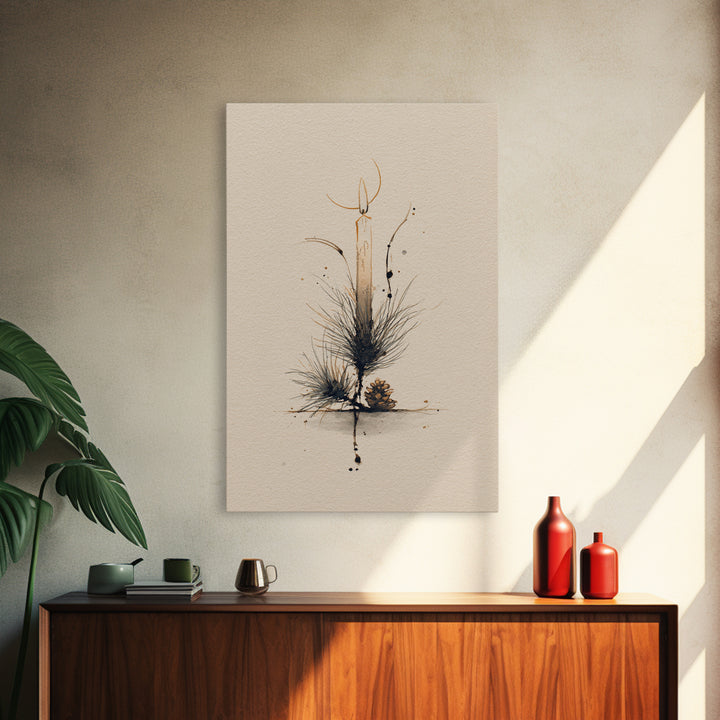 Hygge Candle and Pine Branch Still Life Canvas Print, Scandinavian Art, Abstract Wall Art, Living Room Decor, Nordic, SCA-2x3-60