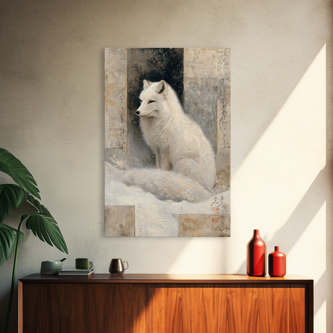 White Fox in Quiet Snow Framed Canvas Print, Scandinavian Art, Abstract Painting, Living Room Decor, Fine Art, Nordic, SCA-2x3-68