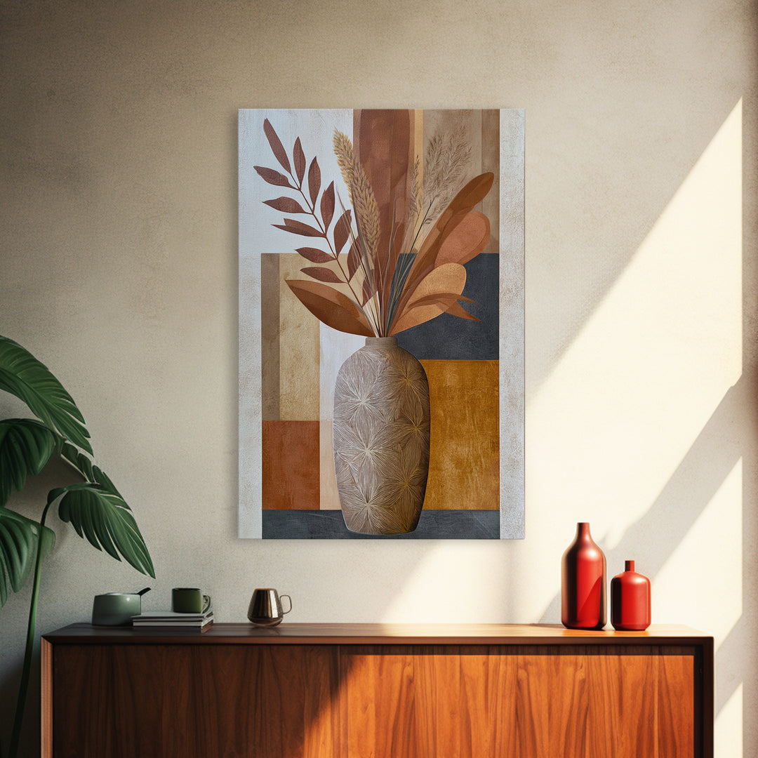Ceramic Vase with Dried Grasses Framed Canvas Print, Scandinavian Art, Living Room Wall Art, Living Room Decor, Nordic, SCA-2x3-69