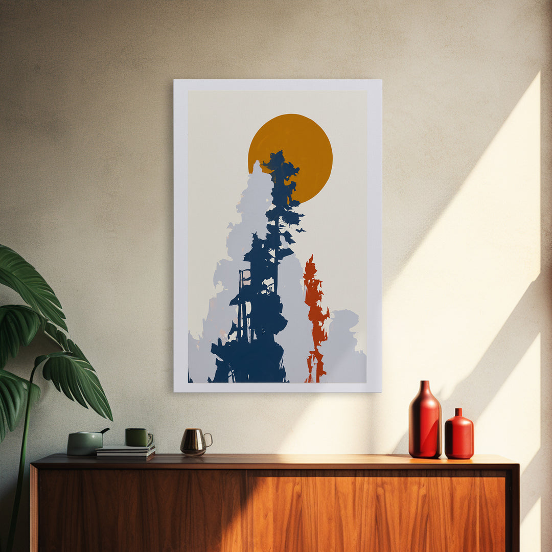 Minimal Sun over Pine Forest Framed Canvas Print, Scandinavian Art, Abstract Painting, Living Room Decor, Fine Art, Nordic, SCA-2x3-73