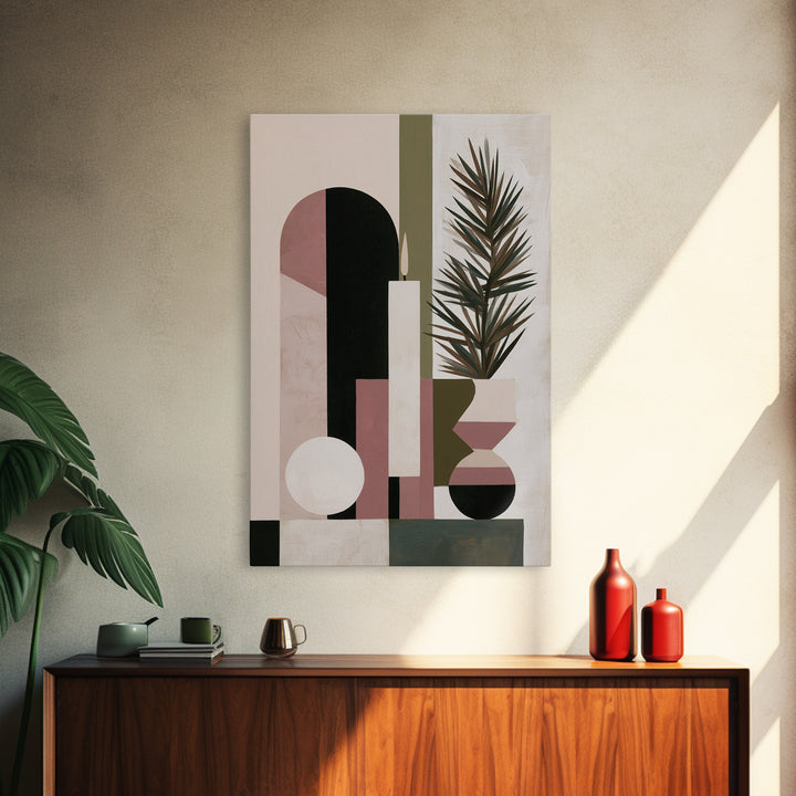 Hygge Candle and Pine Branch Still Life Framed Canvas Print, Scandinavian Art, Wall Art, Living Room Decor, Watercolor Art, SCA-2x3-84