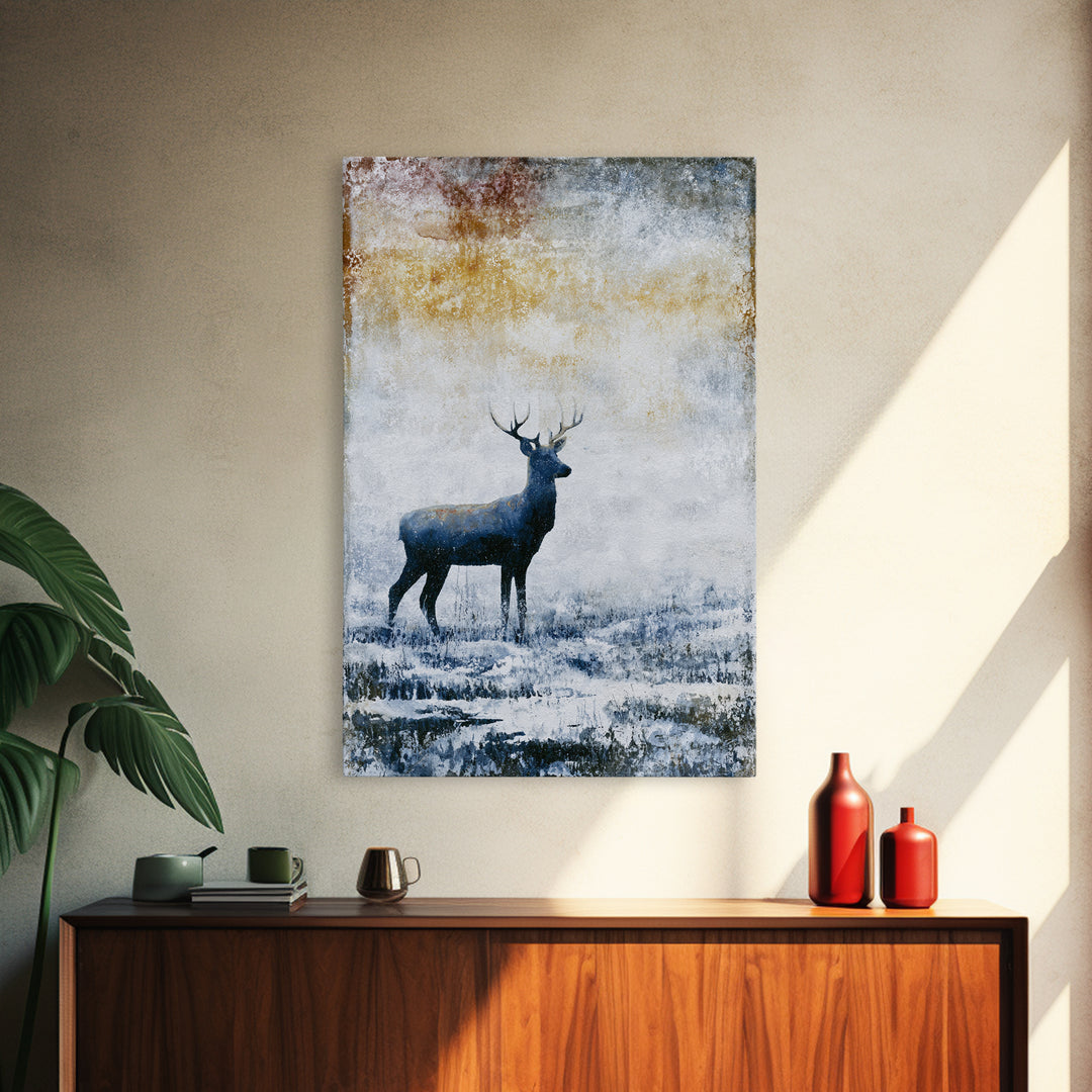 Reindeer Silhouette in Snowy Landscape Canvas Print, Scandinavian Art, Farmhouse Decor, Living Room Decor, Fine Art, Nordic, SCA-2x3-86