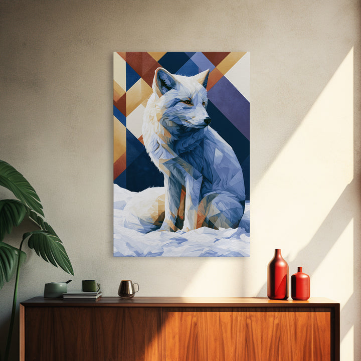 White Fox in Quiet Snow Framed Canvas Print, Scandinavian Art, Mid Century Modern, Living Room Decor, Abstract Art, Nordic, SCA-2x3-92