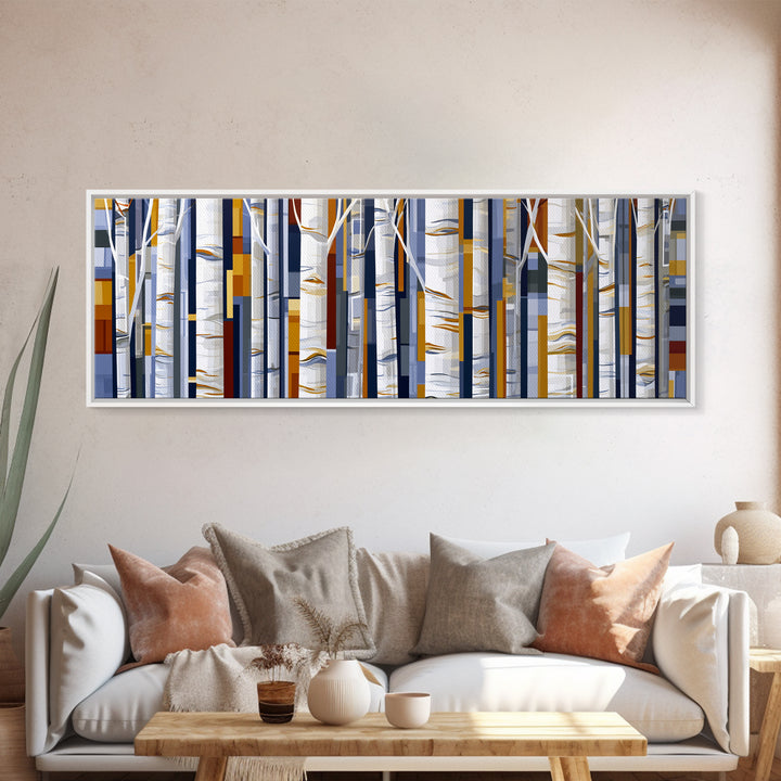 Birch Tree Trunks Framed Canvas Print, Scandinavian Art, Abstract Painting, Living Room Decor, Fine Art, Nordic, SCA-3x1-1