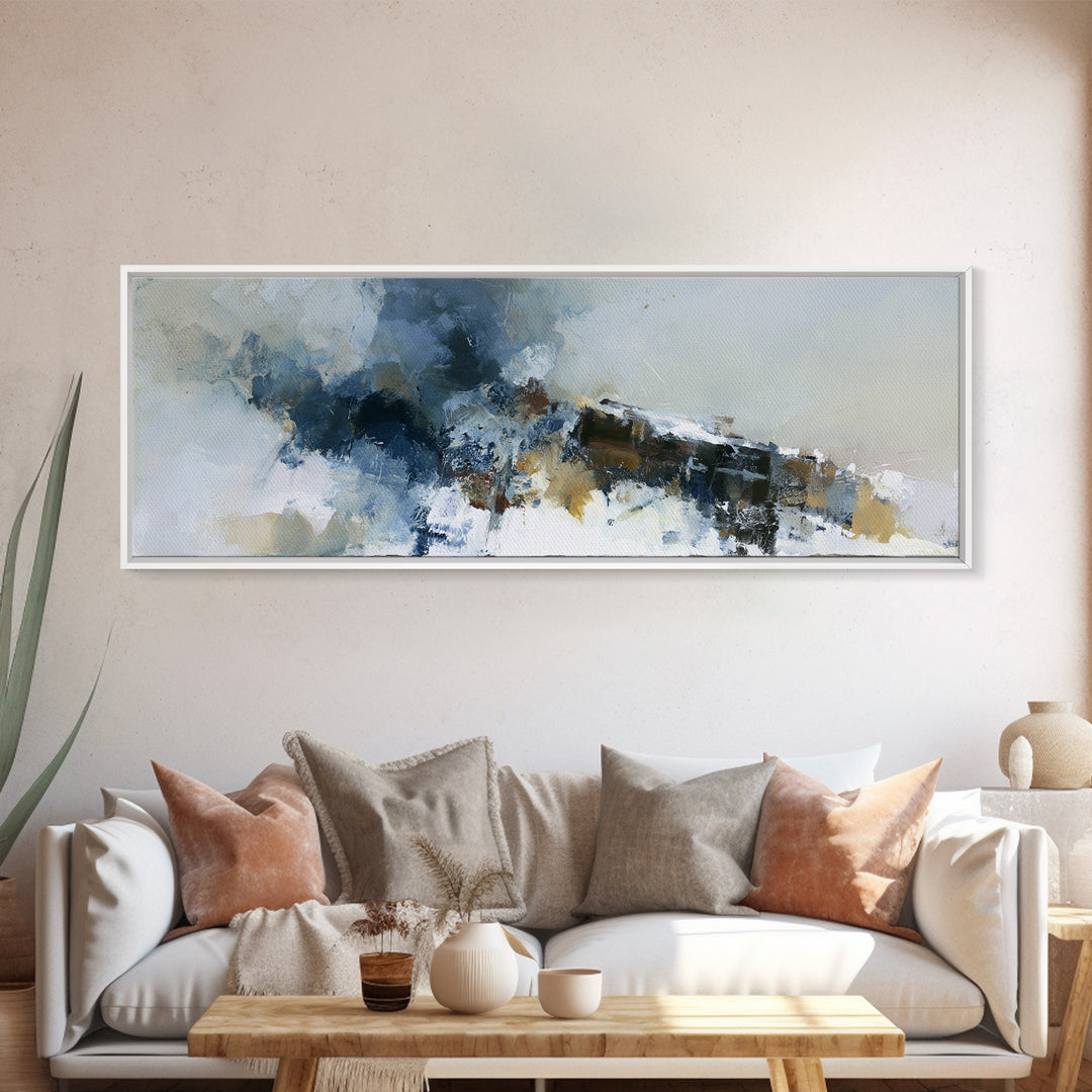 Winter Cabin Smoke Framed Canvas Print, Scandinavian Art, Oil Painting, Living Room Decor, Fine Art, Nordic, Boho Wall Decor, SCA-3x1-10