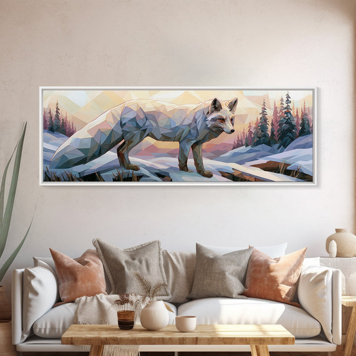 White Fox in Quiet Snow Canvas Print, Scandinavian Art, Printable, Living Room Decor, Abstract Art, Nordic, Abstract Wall Art, SCA-3x1-100