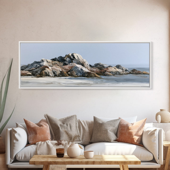 Quiet Coastal Rocks and Gray Sea Framed Canvas Print, Scandinavian Art, Fine Art Print, Living Room Decor, Fine Art, Nordic, SCA-3x1-15