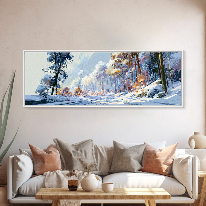 Snowy Nordic Forest Framed Canvas Print, Scandinavian Art, Gallery Decor, Living Room Decor, Fine Art, Nordic, Home Decor, SCA-3x1-17