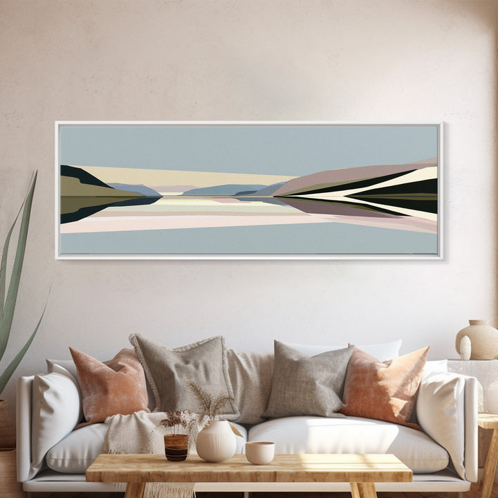 Minimal Fjord Landscape Framed Canvas Print, Scandinavian Art, Living Room Decor, Nordic, Gallery Decor, Neutral Decor, SCA-3x1-18