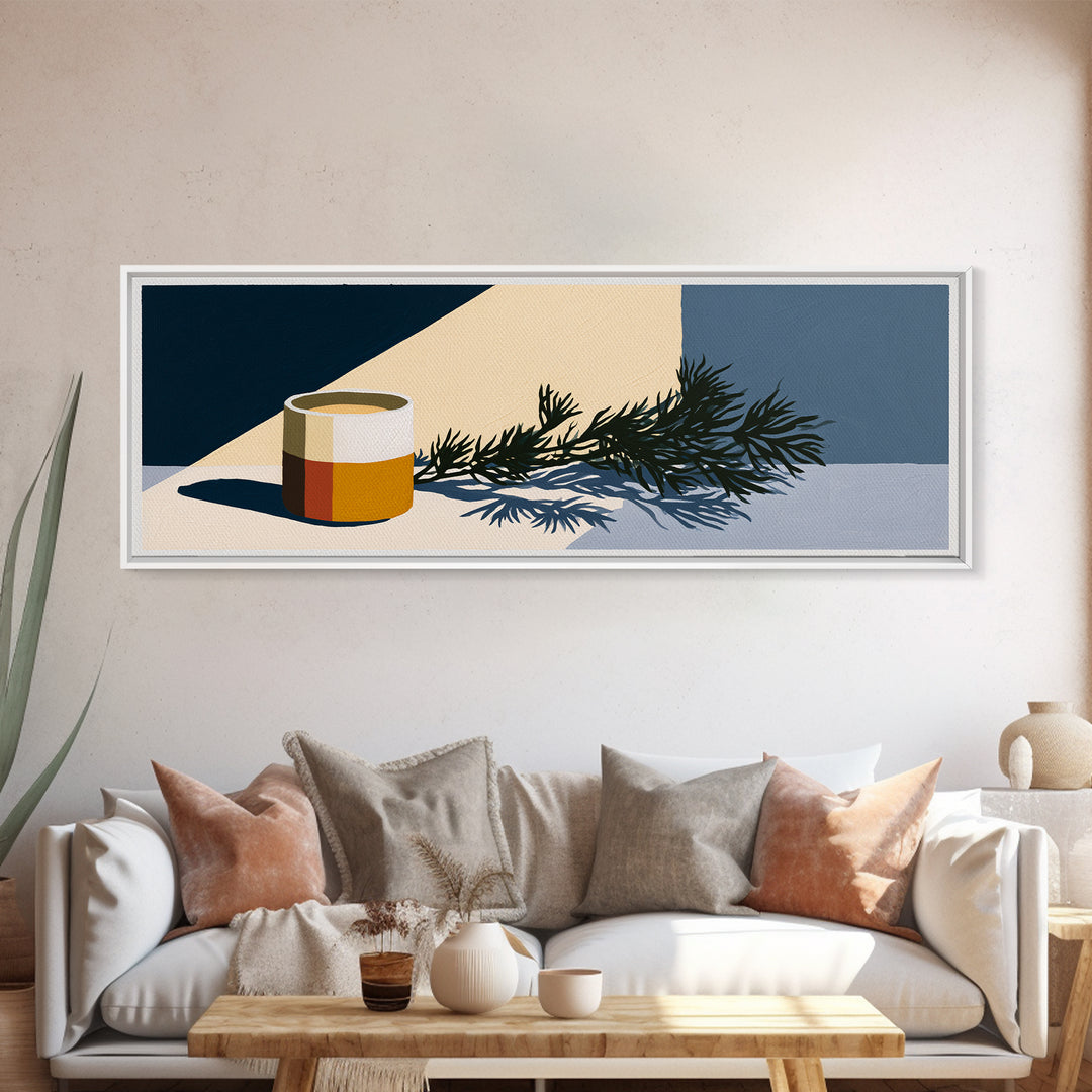 Hygge Candle and Pine Branch Still Life Canvas Print, Scandinavian Art, Floral Wall Art, Living Room Decor, Oil Painting, SCA-3x1-20