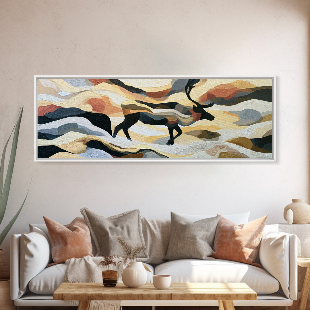 Reindeer Silhouette in Snowy Landscape Canvas Print, Scandinavian Art, Art, Living Room Decor, Fine Art, Nordic, Abstract Art, SCA-3x1-22
