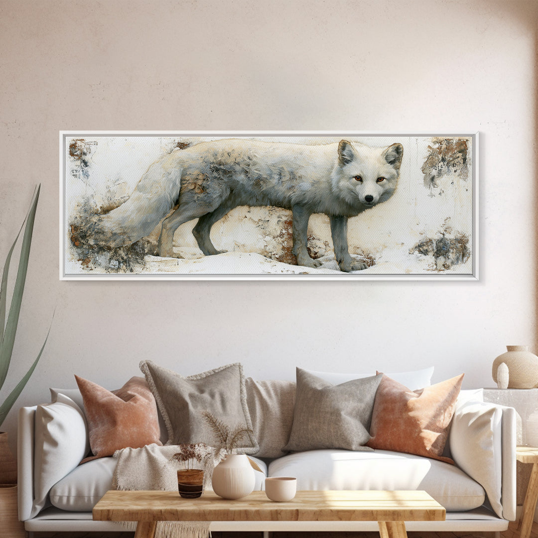 White Fox in Quiet Snow Framed Canvas Print, Scandinavian Art, Scandinavian, Living Room Decor, Oil Painting, Nordic, SCA-3x1-28