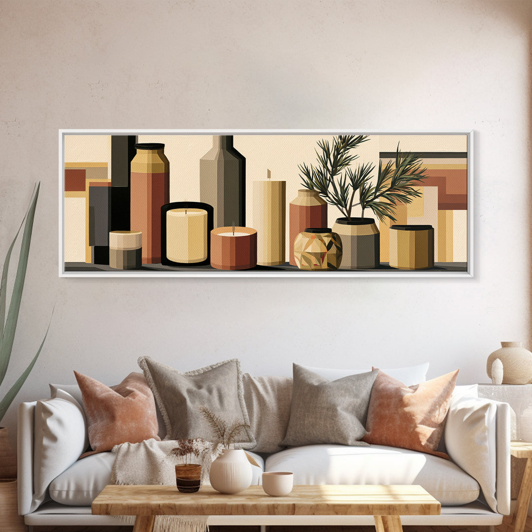 Hygge Candle and Pine Branch Still Life Framed Canvas Print, Scandinavian Art, Fine Art Print, Living Room Decor, SCA-3x1-44