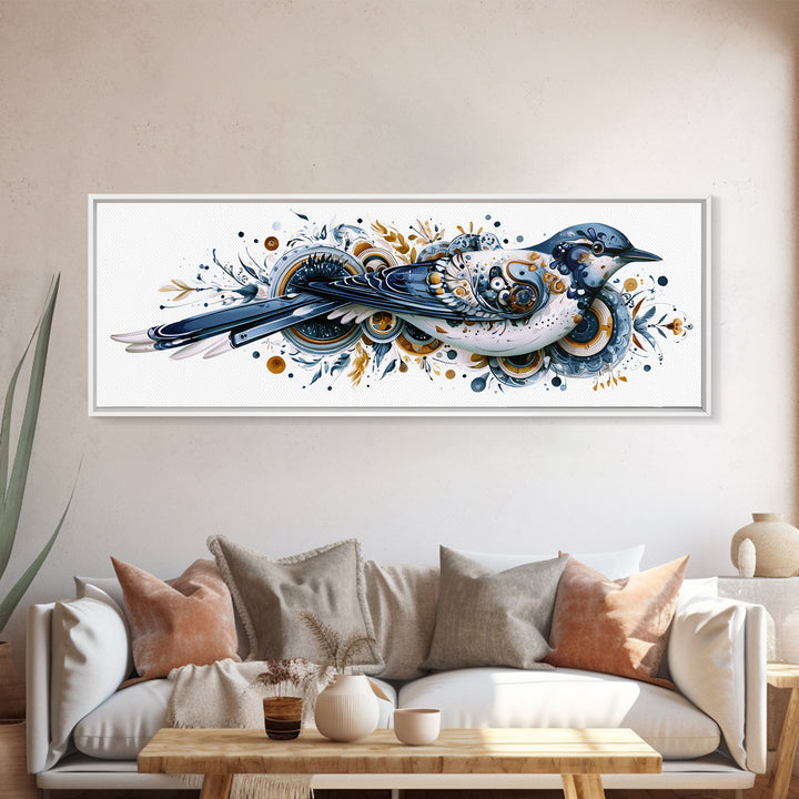 Nordic Folk Bird Framed Canvas Print, Scandinavian Art, Digital Wall Art, Living Room Decor, Fine Art, Nordic, Boho Decor, SCA-3x1-51