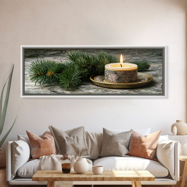Hygge Candle and Pine Branch Still Life Framed Canvas Print, Scandinavian Art, Wall Decor, Living Room Decor, Fine Art, Nordic, SCA-3x1-68