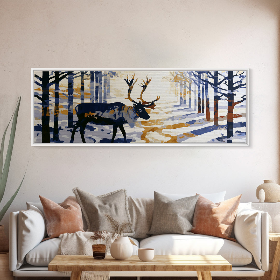 Reindeer Silhouette in Snowy Landscape Canvas Print, Scandinavian Art, Printable, Living Room Decor, Fine Art, Nordic, SCA-3x1-70