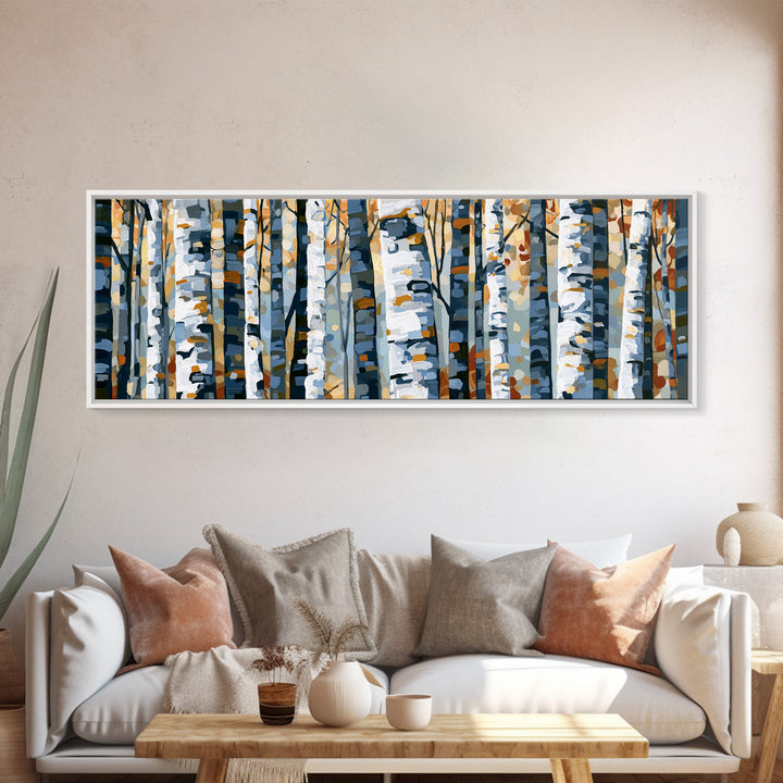 Birch Tree Trunks Framed Canvas Print, Scandinavian Art, Textured Painting, Living Room Decor, Nordic, Christmas Decor, SCA-3x1-73