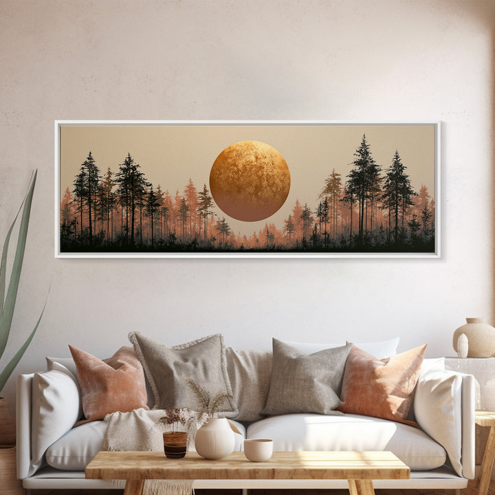 Minimal Sun over Pine Forest Framed Canvas Print, Scandinavian Art, Statement Artwork, Living Room Decor, Fine Art, Nordic, SCA-3x1-81