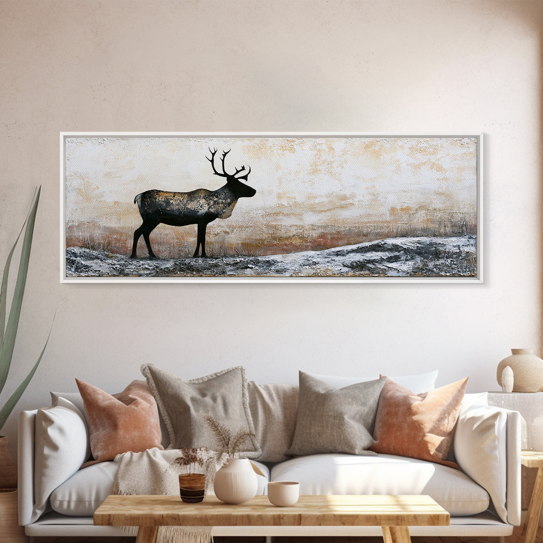 Reindeer Silhouette in Snowy Landscape Canvas Print, Scandinavian Art, Modern Art, Living Room Decor, Fine Art, Nordic, SCA-3x1-94