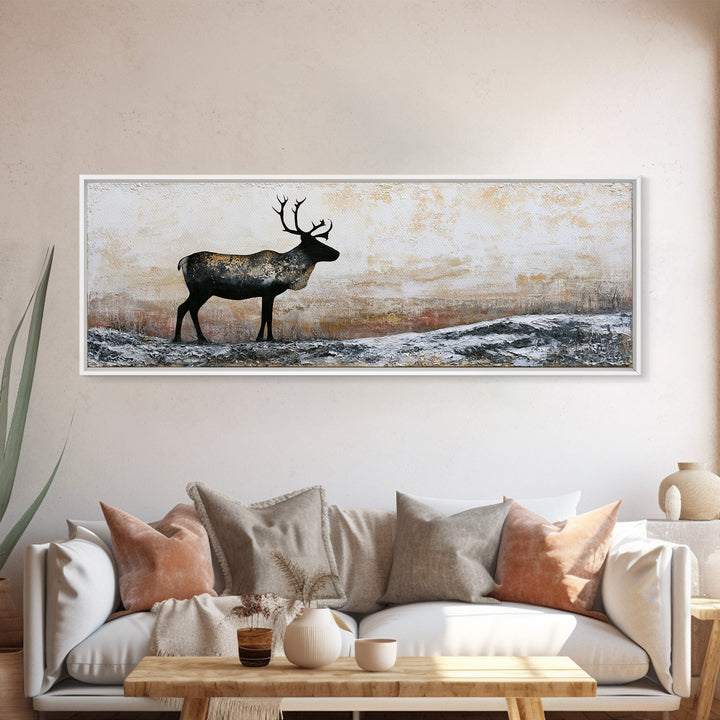 Reindeer Silhouette in Snowy Landscape Canvas Print, Scandinavian Art, Modern Art, Living Room Decor, Fine Art, Nordic, SCA-3x1-94