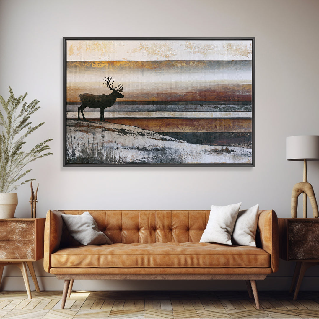 Reindeer Silhouette in Snowy Landscape Framed Canvas Print, Scandinavian Art, Boho Wall Decor, Living Room Decor, Oil Painting, SCA-3x2-10