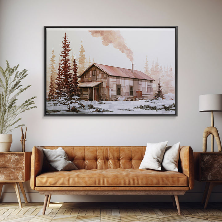 Winter Cabin Smoke Canvas Print, Scandinavian Art, Boho Wall Art, Living Room Decor, Oil Painting, Nordic, Modern Decor, SCA-3x2-22