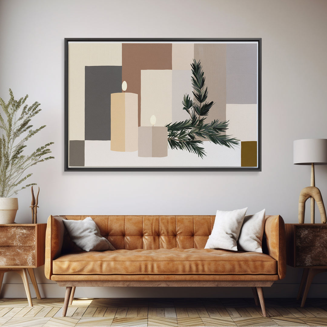 Hygge Candle and Pine Branch Still Life Canvas Print, Scandinavian Art, Luxury Decor, Living Room Decor, Oil Painting, Nordic, SCA-3x2-32