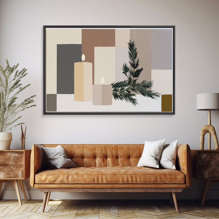 Hygge Candle and Pine Branch Still Life Canvas Print, Scandinavian Art, Luxury Decor, Living Room Decor, Oil Painting, Nordic, SCA-3x2-32