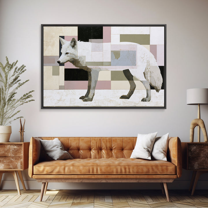 White Fox in Quiet Snow Framed Canvas Print, Scandinavian Art, Textured Painting, Living Room Decor, Oil Painting, Nordic, SCA-3x2-40