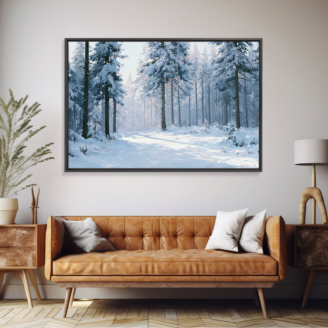 Snowy Nordic Forest Framed Canvas Print, Scandinavian Art, Statement Artwork, Living Room Decor, Oil Painting, Nordic, SCA-3x2-5