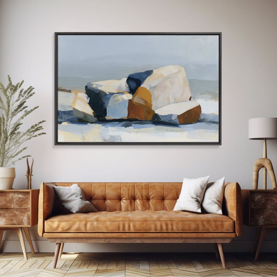 Quiet Coastal Rocks and Gray Sea Canvas Print, Scandinavian Art, Printable, Living Room Decor, Nordic, Abstract Wall Art, SCA-3x2-51