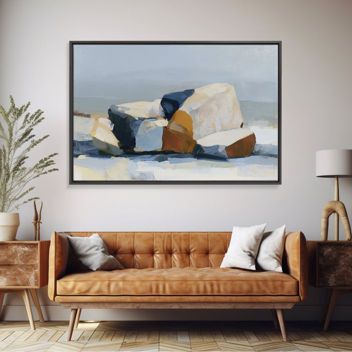 Quiet Coastal Rocks and Gray Sea Canvas Print, Scandinavian Art, Printable, Living Room Decor, Nordic, Abstract Wall Art, SCA-3x2-51