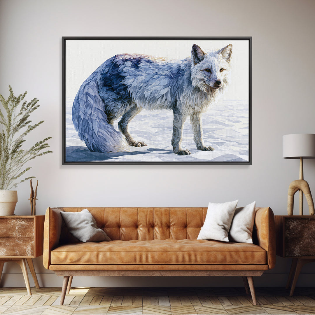 White Fox in Quiet Snow Framed Canvas Print, Scandinavian Art, Mid Century Modern, Living Room Decor, Abstract Art, Nordic, SCA-3x2-64