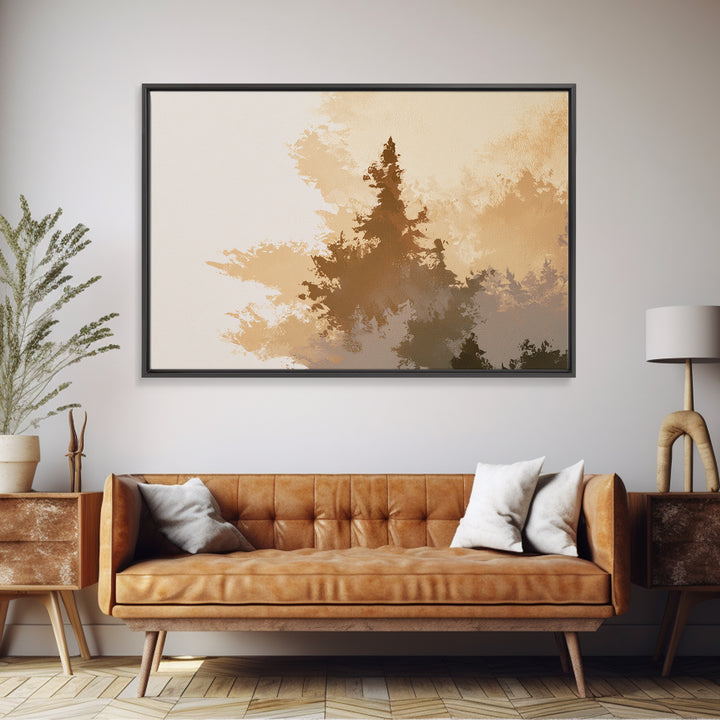 Minimal Sun over Pine Forest Framed Canvas Print, Scandinavian Art, Textured Painting, Living Room Decor, Fine Art, Nordic, SCA-3x2-69