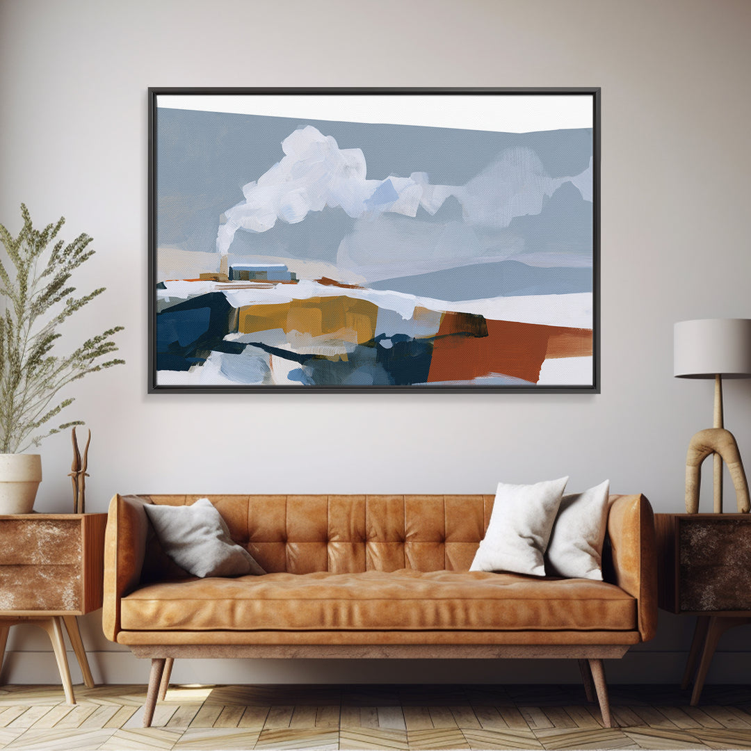 Winter Cabin Smoke Framed Canvas Print, Scandinavian Art, Living Room Wall Art, Living Room Decor, Fine Art, Nordic, SCA-3x2-70