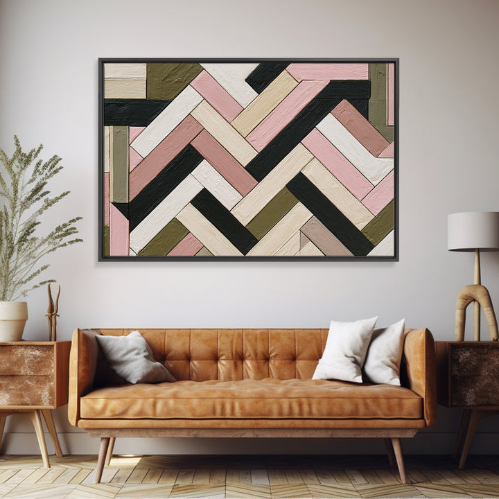 Herringbone Monochrome Pattern Framed Canvas Print, Scandinavian Art, Abstract Painting, Living Room Decor, Oil Painting, SCA-3x2-74