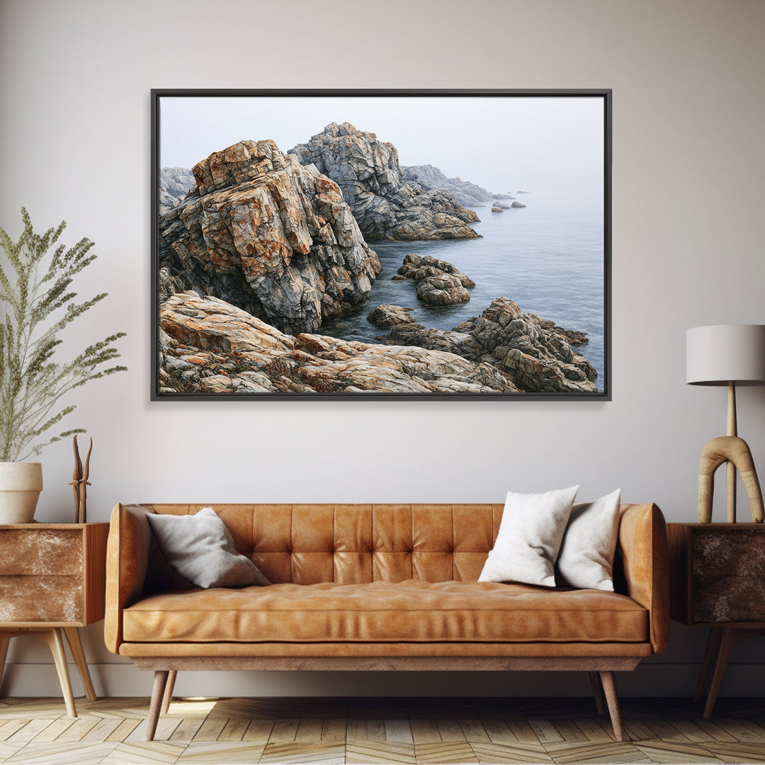 Quiet Coastal Rocks and Gray Sea Canvas Print, Scandinavian Art, Farmhouse Decor, Living Room Decor, Fine Art, Nordic, SCA-3x2-75