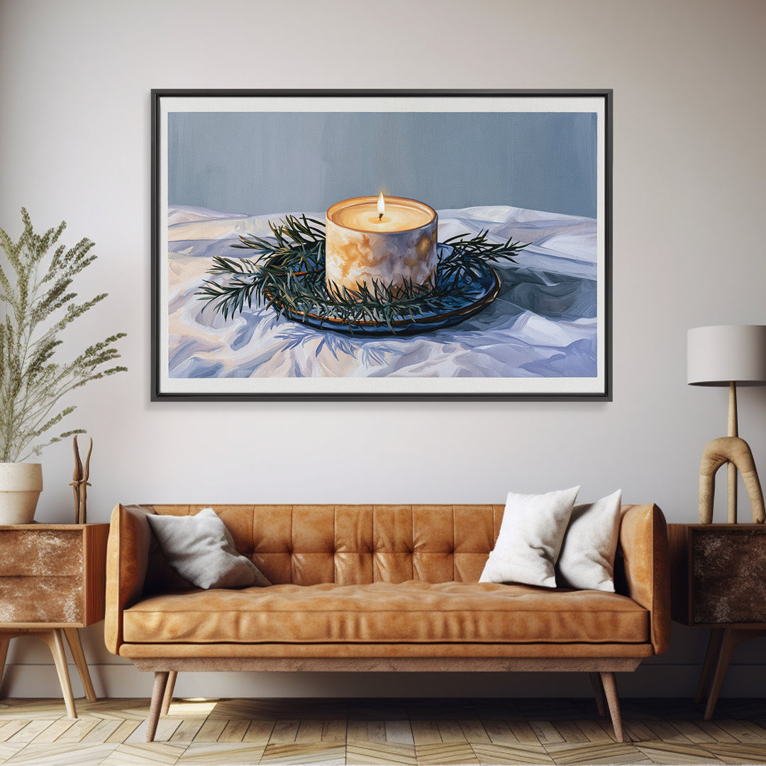 Hygge Candle and Pine Branch Still Life Framed Canvas Print, Scandinavian Art, Gallery Decor, Living Room Decor, Nordic, SCA-3x2-8