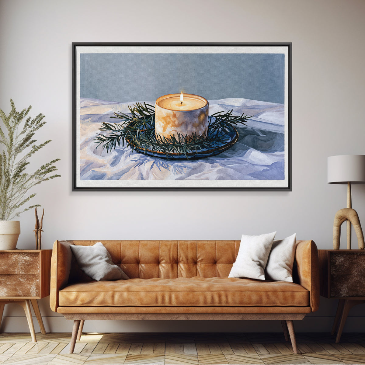 Hygge Candle and Pine Branch Still Life Framed Canvas Print, Scandinavian Art, Gallery Decor, Living Room Decor, Nordic, SCA-3x2-8